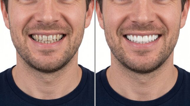 Dramatic before and after comparison of a man's smile, highlighting the stunning transformation from stained, discolored teeth to perfectly white, bright dental aesthetics and enhanced confidence