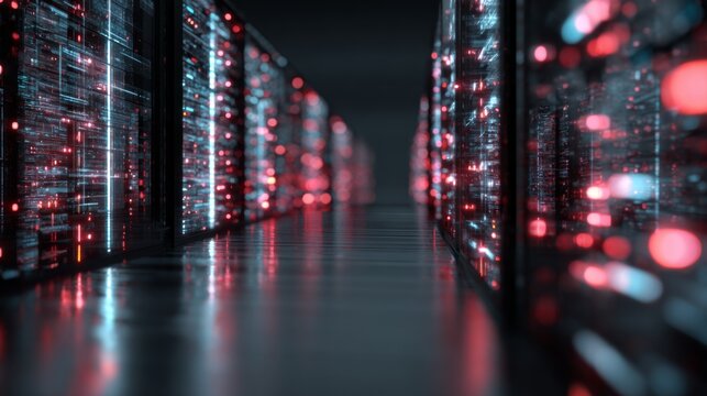 Futuristic Data Center Visualization with Glowing Servers and Network Connections in a Dark Environment