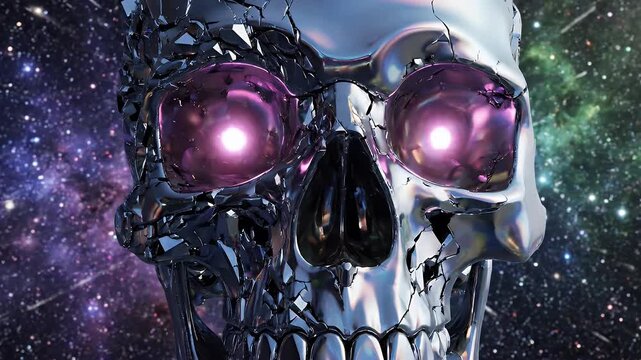 Shattered Metallic Skull Floating in Cosmic Nebula - A digital illustration showcases a detailed, shattered metallic skull with glowing purple eyes against a vibrant cosmic background filled with