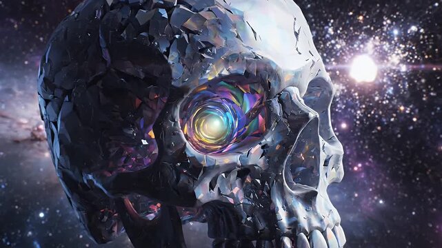 Crystal Skull Cosmic Voyage Digital Art - An abstract, crystal-faceted skull floats against a surreal cosmic background filled with stars and nebulae.