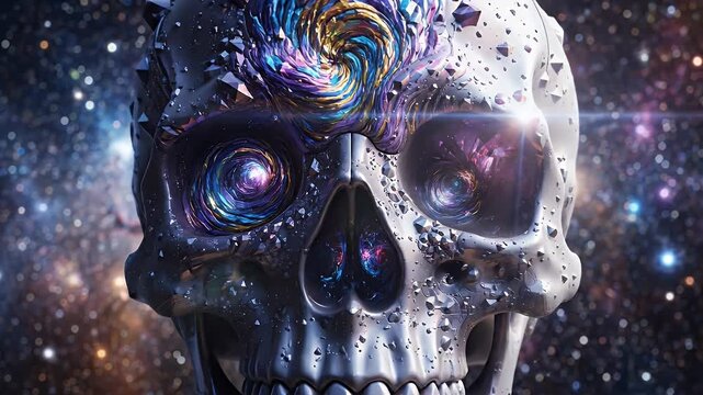 Surreal Cosmic Skull Digital Art - A metallic skull with swirling colorful patterns in its eye sockets and on its forehead, set against a vibrant nebula and starfield.