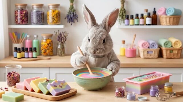 Anthropomorphic bunny making colorful handmade soap. Cute rabbit character stirring mixture in workshop. Diy bath product crafting with natural ingredients and molds