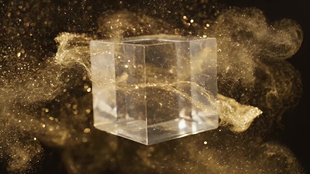 Abstract Transparent Cube Floating in Golden Dust Cloud - A clear, geometric cube levitates amidst a swirling cloud of glittering golden dust particles and strands.