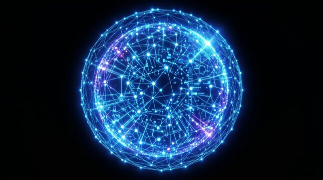 Futuristic digital globe with glowing blue plexus network, abstract technology sphere of connected data points, global communication concept
