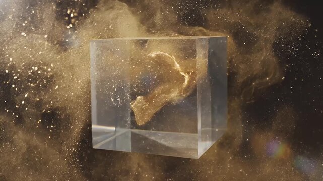 Abstract Transparent Cube in Golden Dust Swirls - A transparent cube floats in a cloud of shimmering golden dust.