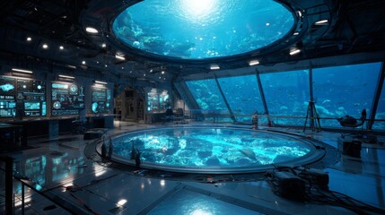 Obraz premium Advanced Underwater Research Station Featuring Holographic Technology and Marine Observations Beneath the Ocean Surface