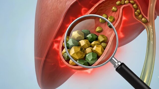 Human gallbladder afflicted by gallstones, a medical condition of the digestive system, detailed view of cholelithiasis, an internal health issue, anatomical problem