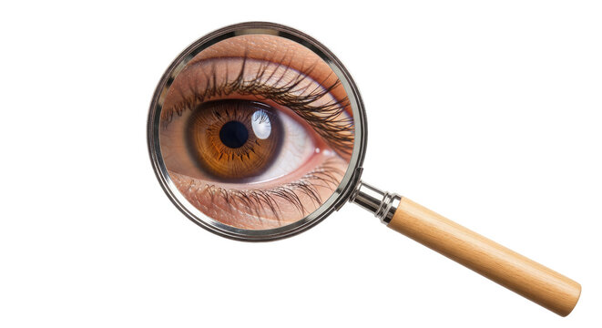 Eye magnified by a magnifying glass on black