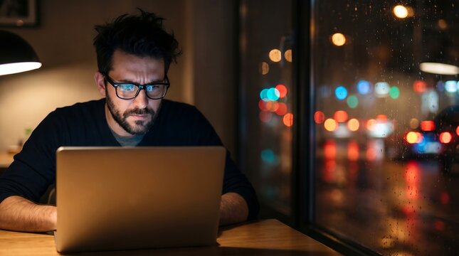 Focused man working on laptop in dark office at night with city light bokeh reflections on window glass for late night business project and overtime concept