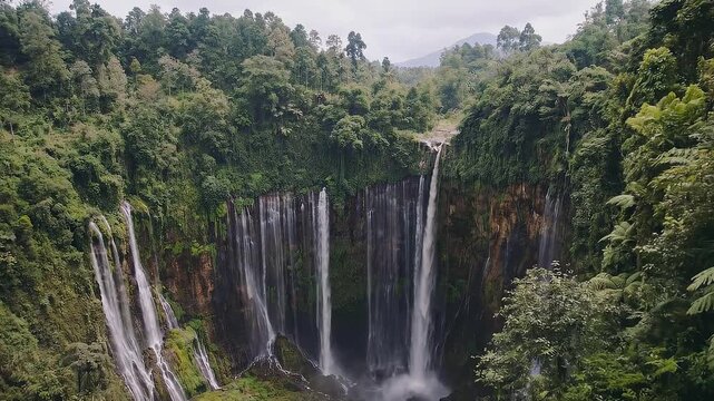 Majestic Tumpak Sewu Waterfall in Lush Indonesian Rainforest