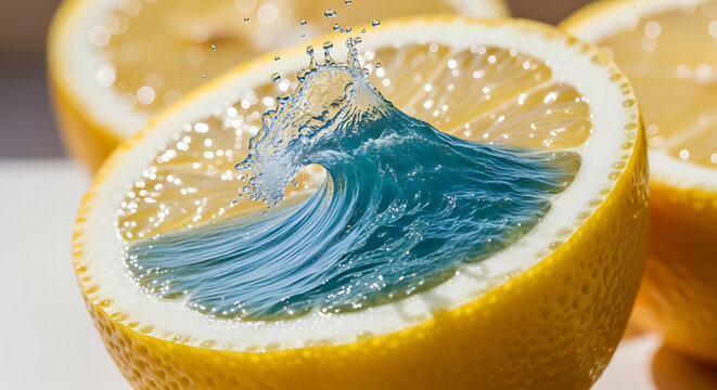 A vibrant yellow lemon cut in half with a blue ocean wave splashing inside, creating a surreal and refreshing visual.