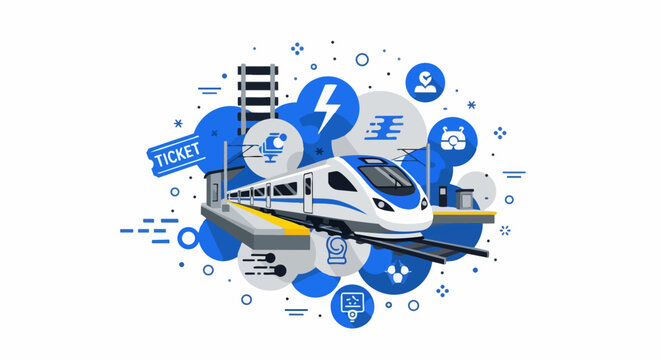 Modern High-Speed Bullet Train at Railway Station with Travel and Technology Icons, Flat Vector Illustration Concept for Transport and Logistics