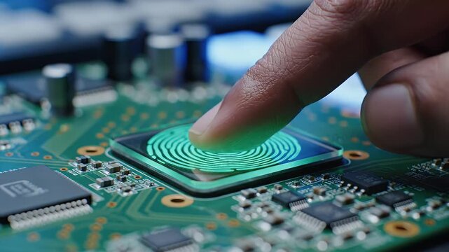 Fingerprint Scan on Electronic Circuit Board - A close-up shot shows a finger pressing down on a glowing blue fingerprint scanner integrated into a complex electronic circuit board.