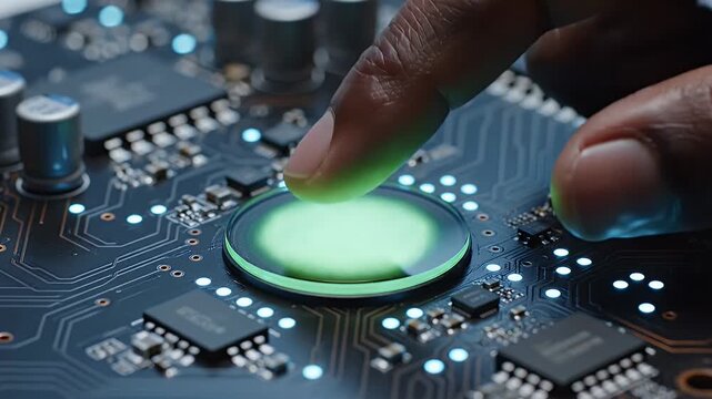 Fingerprint Biometric Scan on Circuit Board Technology - A close-up shot shows a finger activating a biometric scanner on a complex electronic circuit board.