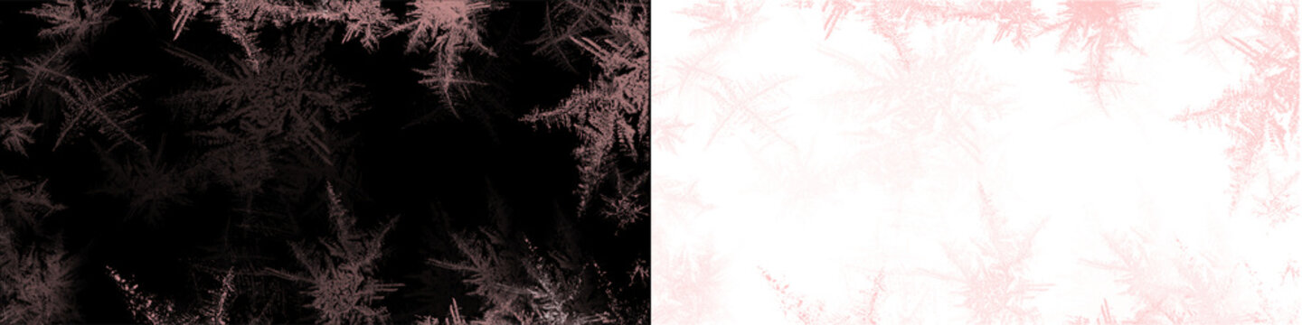 Rose gold frost texture with intricate frozen ice patterns and winter crystal borders on transparent surface.
