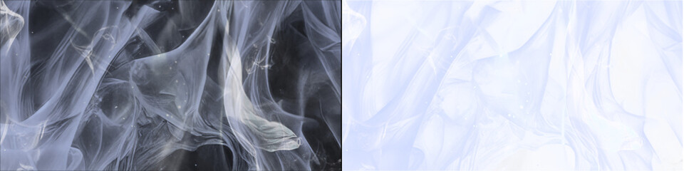 Wispy ethereal smoke trails swirling with subtle sparkling particles on dark background. © MatStudio