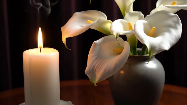 Candle Glow Illuminating White Calla Lilies in Vase - A lit candle casts a warm, gentle glow on a beautiful arrangement of white calla lilies in a vase against a dark background.