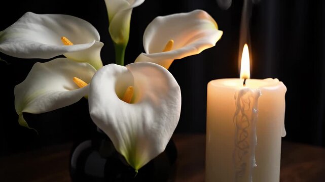 White Calla Lilies and Burning Candle Arrangement - A beautiful arrangement of white calla lilies is illuminated by the warm glow of a burning candle.