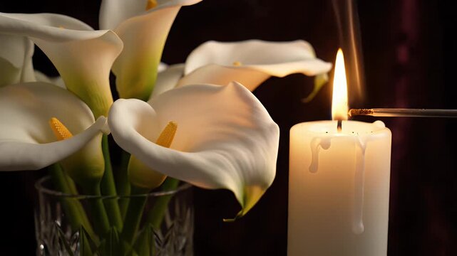White Calla Lilies and Burning Candle Arrangement - A close-up shot features a bouquet of delicate white calla lilies in a crystal vase, softly illuminated by the warm glow of a lit white candle.