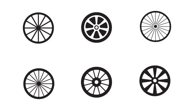 Collection of six distinct wheel designs in black silhouette, showcasing various spoke patterns and styles, isolated on white