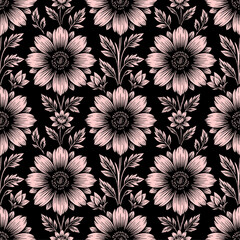 Fototapeta premium Seamless simple floral pattern with pink and black flowers, texture, design