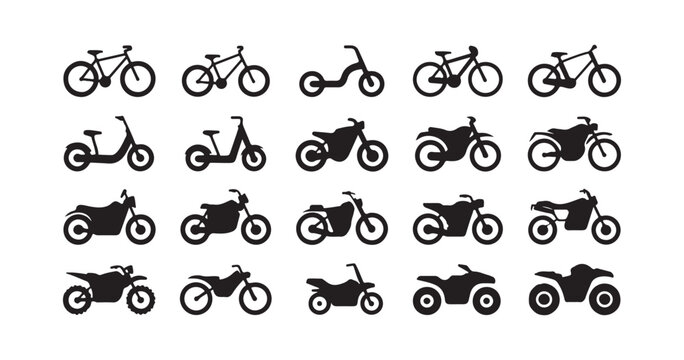 Collection of various bicycle, motorcycle, and scooter icons in black and white vector illustration