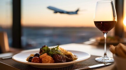 Naklejka premium Fine dining at airport lounge watching airplane takeoff