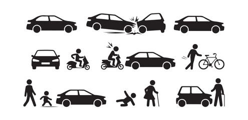 Set of Traffic Accident and Pedestrian Safety Icons: Car Crashes, Cyclists, Scooter Riders, and People Falling © Shohag