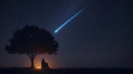 Fototapeta premium Lone figure under tree with lantern watches meteor shower in starry night sky concept