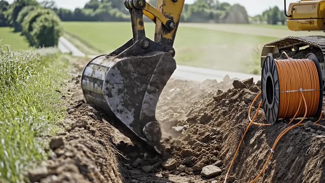 Excavator Digging Trench with Cable Reel on Rural Roadside - A close-up view shows an excavator's bucket digging a trench along a rural roadside, with a large reel of orange cable nearby.