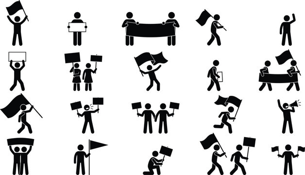 Collection of protest and activism stick figure icons showing banners, placards, flags, and megaphones in public demonstration scenes