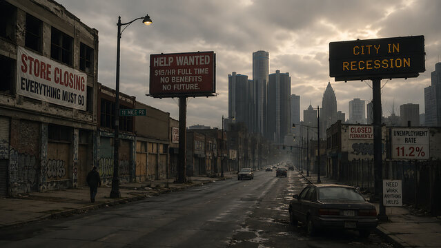 Economic recession city street with store closing signs, urban financial crisis and poverty concept, abandoned metropolitan area under cloudy sky isolated on White Background