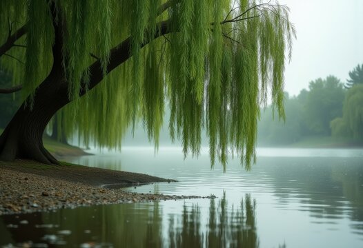 Willow Tree with Dripping Weeping Branches Above a Serene Riverbank Under a Cloudy Sky
