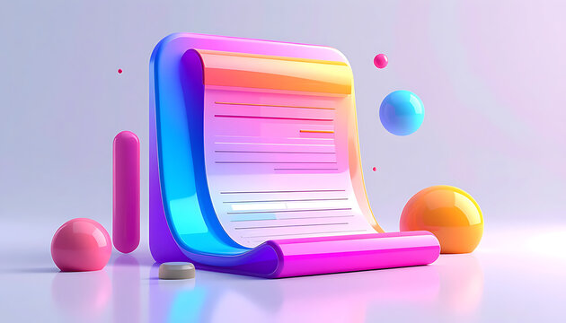 3d scroll document with colorful gradient, abstract shapes and pastel background, data entry or list concept