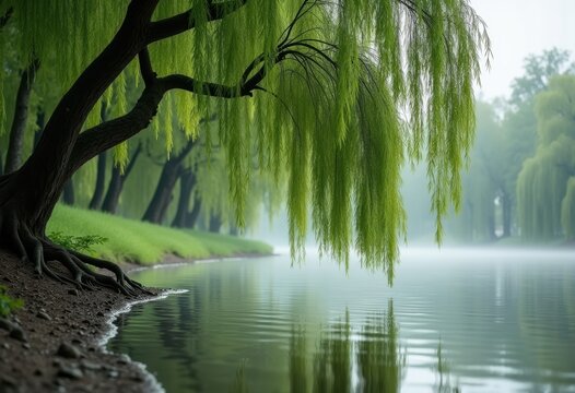 Willow Tree with Dripping Weeping Branches Above a Serene Riverbank Under a Cloudy Sky