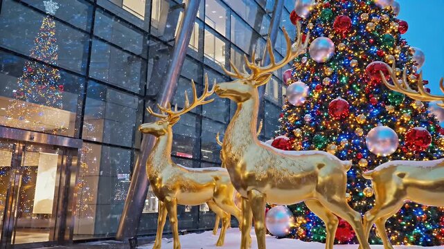 Golden Reindeer and Decorated Christmas Tree Outside Modern Building - A festive Christmas scene unfolds with golden reindeer statues positioned in front of a towering, illuminated Christmas tree.