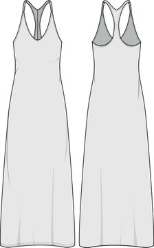 Racerback Maxi Dress Front and Back View. Fashion Flat Sketch Vector Illustration, CAD, Technical Drawing, Flat Drawing, Template, Mockup.