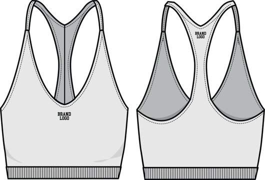 Racerback Active Wear Crop Top Front and Back View Fashion Flat Sketch Vector Illustration, CAD, Technical Drawing, Flat Drawing, Template, Mockup.