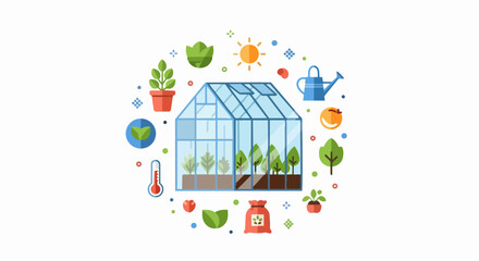 Fototapeta premium Modern Flat Vector Illustration of a Glass Greenhouse with Sustainable Gardening and Horticulture Icons on White Background