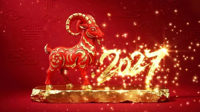 Red fire goat statue for 2027 Chinese New Year. Ornate zodiac sheep figure with golden accents on base. Festive red background featuring cloud patterns symbolizing prosperity and cultural tradition