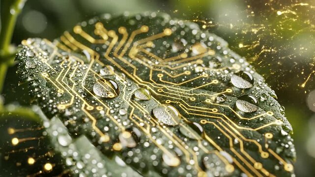 Dewy Leaf with Digital Circuitry Overlay - A close-up shot of a green leaf covered in dewdrops, with intricate golden digital circuitry etched onto its surface.