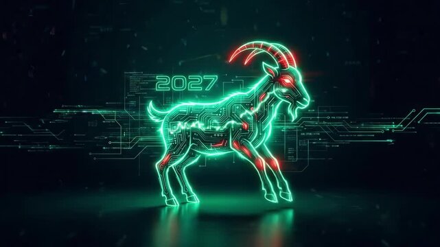 Neon circuit goat glowing in green and red. Futuristic symbol for 2027 chinese zodiac year of the fire sheep. Digital technology new year concept