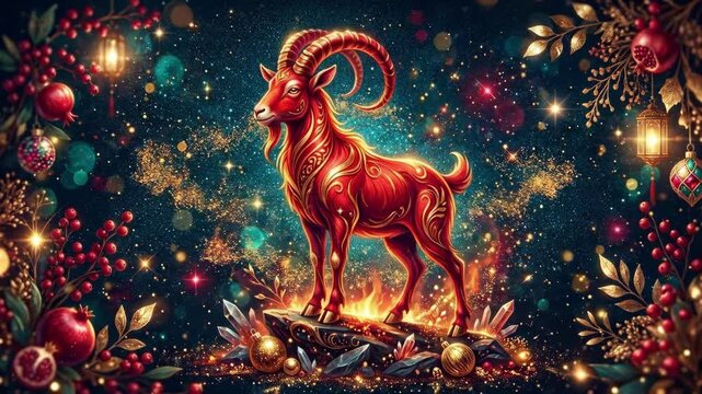 Majestic red fire goat standing on flaming crystal rock. Chinese zodiac symbol for 2027 year of the goat. Ornate digital illustration with golden lanterns pomegranates berries and festive bokeh