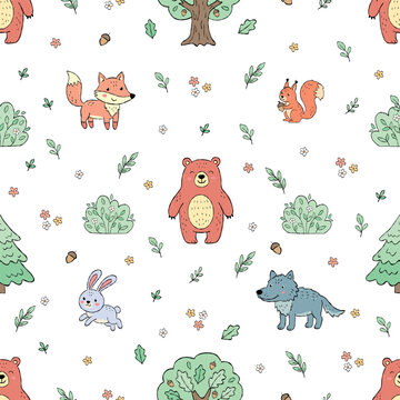 Cute woodland animals and forest trees seamless pattern