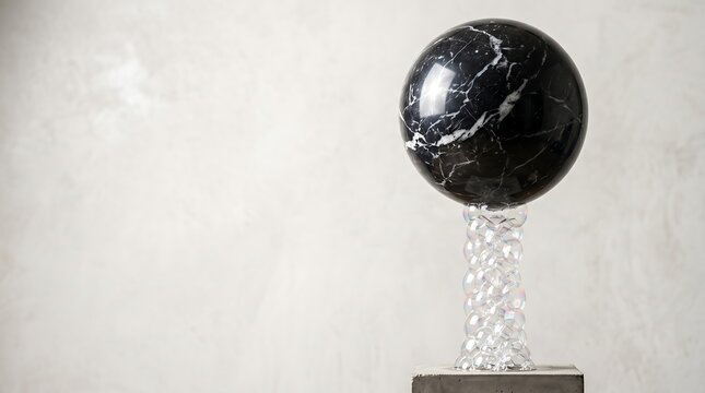 Economic bubble and fragile growth concept. Heavy black marble sphere balanced on a delicate tower of soap bubbles with copy space.