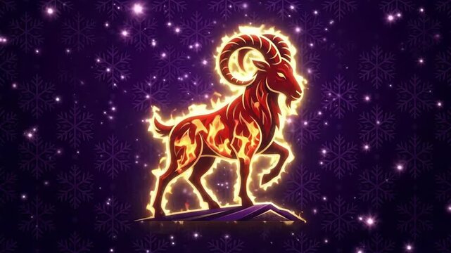 Fiery red ram standing on rocky peak with glowing horns. Symbol of the year of the fire goat in chinese zodiac. New year illustration for lunar festival celebrations and astrology themes