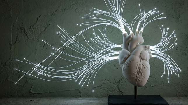 Medical technology and AI in healthcare concept. Anatomical human heart with glowing fiber optic cables representing digital connection.