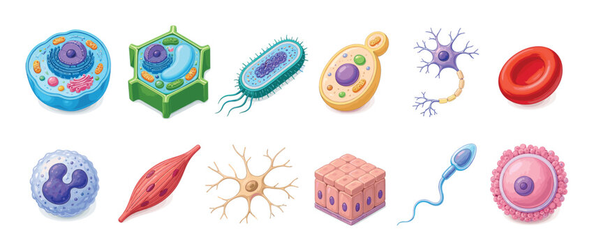 Animal plant bacteria yeast neuron red blood cell muscle cell icons, a detailed set of biological cells vector illustrations