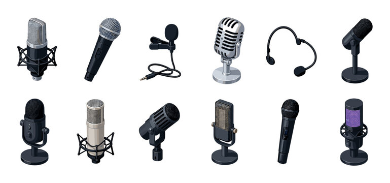 Microphone studio condenser dynamic lavalier headset icons set in isometric style for recording and broadcasting