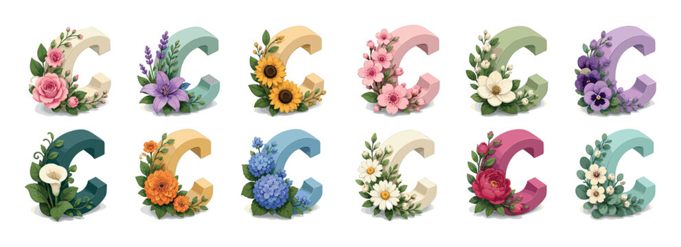 Floral alphabet letter C with various flowers and leaves, a decorative botanical font element in a flat design vector illustration
